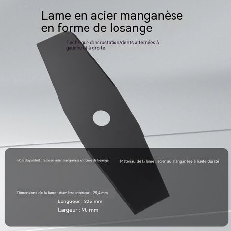 Lame de débroussailleuse droite 2 dents losange en acier au manganèse, 305x90mm alésage 25.4mm, lame rectangulaire à biseau rhombique, traitement noir, pour coupe-herbe