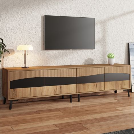 Meuble TV Bas 180 cm 4 Portes Rangement Salon pour TV jusqu'à 75 Pouces 8 Pieds Effet Bois et Noir (1/5)