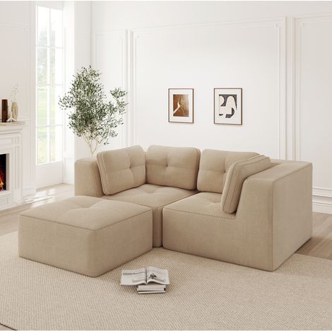 Divano angolare modulare 2 posti in tessuto effetto velluto a coste beige con pouf mobile HAVRYA (1/5)