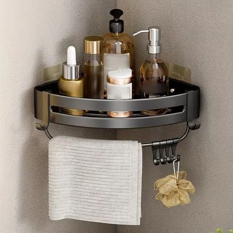 (1 Triangle Noir HR) 1 étagère de rangement murale d'angle en aluminium sans perçage pour salle de bain - Idéale pour ranger shampoing, gel douche et cosmétiques. (1/5)