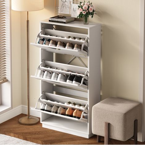 Meuble à chaussures 63x24x120 cm blanc en MDF avec 3 abattants et miroir rond (1/5)
