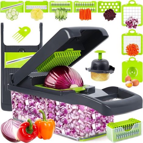 Picadora y cortadora de verduras，picadora de verduras，picadora de alimentos multifuncional 10 en 1，utensilios de cocina (gris/verde) (gris) (1/2)