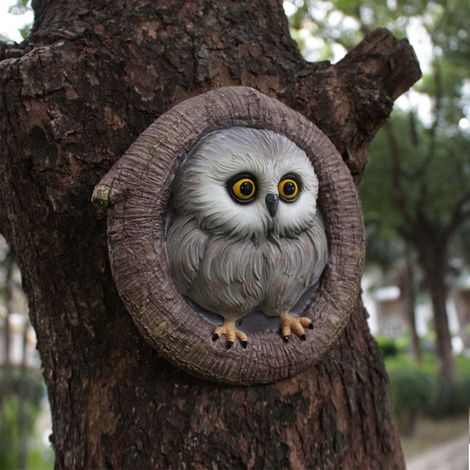 Décoration Animale de Jardin  Statue Owl Cavité Arbre  Sculpture Résine Moulée  Ornement Intérieur/Extérieur Détaillé  Dimension 17.5cm avec Base (1/5)
