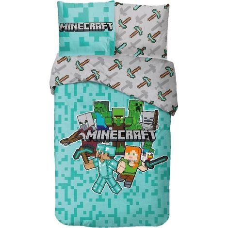 Parure de Lit Minecraft 140x200 cm – 100% Coton – Réversible avec Taie 63x63 cm (1/4)