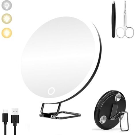 BUNTHAUS 10Miroir grossissant de maquillage -Rechargeabledirigémiroir - 3modes d'éclairage -Avec ventouse et support -noir (1/5)