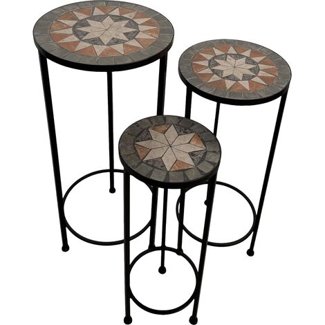 Axi Lola Etagère À Plantes Ronde En Mosaïque Étoile Gris/Marron – Lot De 3 Pièces Table À Plantes Avec Incrustations De Carreaux De Mosaïque En Céramique Pour Le Jardin / Le Balcon / La Terrasse (1/5)