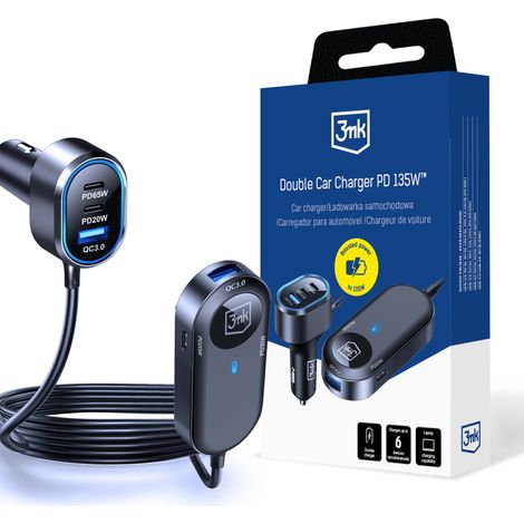 Cargador doble para coche 3mk 135W PD QC PPS USB 2A4C Negro/Gris