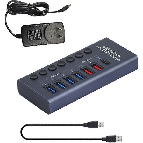 Hub USB 7 ports - Hub USB 3.0 - Répartiteur en aluminium - Adaptateur secteur 12 V 3 A 36 W - AU (1/4)