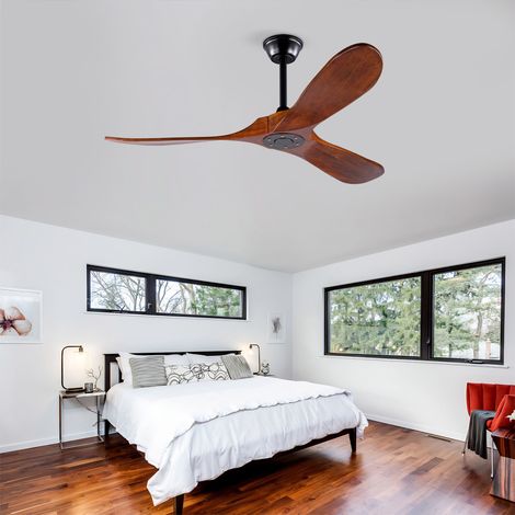 Ventilateur plafond 132 cm (52 pouces), 3 pales bois, style hélice, mémoire, télécommande, finition noyer, moderne, intérieur/extérieur, patio, salon, chambre. (1/5)