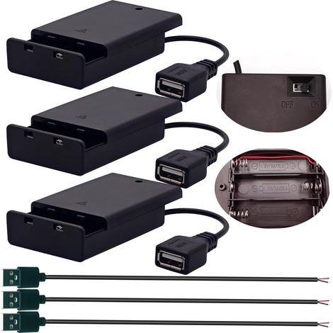Porte-Batteries 3 Piles AA 4,5V Interrupteur Couvercle, Boîte Support Batterie borne USB Femelle câble USB mâle 0,3 m, Ensemble 3 Conforme Bandes LED Bricolage (1/5)