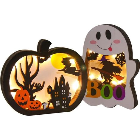 2 lampes fantômes citrouilles illuminées en bois - Décorations de table d'Halloween avec boîte vitrine (1/5)