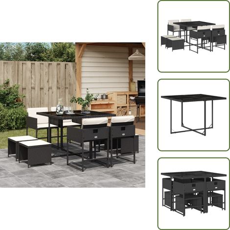 The Living Store 9-tlg. Garten-Essgruppe mit Kissen Schwarz Poly Rattan - Gartenmöbel Set - Gartentisch - Gartenstühle - Gartenhocker - Rattan Möbel (1/5)