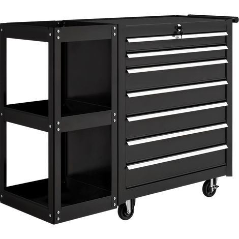 Chariot à outils avec 7 tiroirs, étagère latérale amovible, 4 roulettes avec frein à main, 96 x 33,5 x 75cm, noir