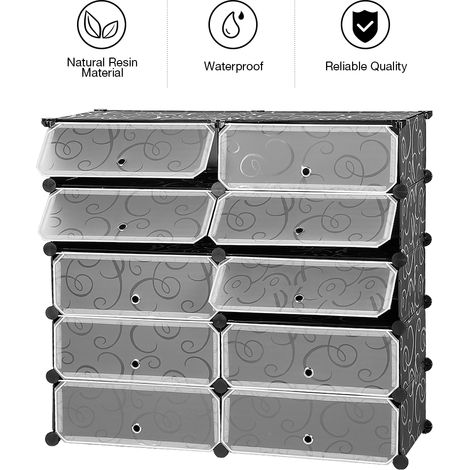 Hofuton Étagères à Chaussures Étagère de Rangement 10 Cubes Chaussures avec Portes Noire Imprimée (90 36 87.5cm) (1/5)