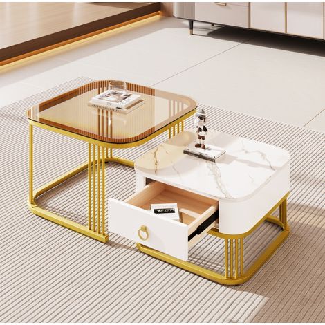 table salon gigogne rangement blanc 60 cm style marbre OKMYHOME (1/5)