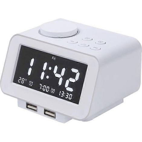 Réveil numérique, radio FM, double port de chargement USB, détection de température, double réveil avec 7 alarmes, fonction snooze, variateur de luminosité à 5 niveaux, batterie (1/5)