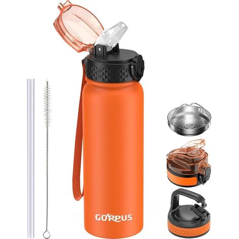 Wasserflasche Edelstahl 600ml Strohhalm Sport BPAfrei 600 ml Orange3 (1/5)