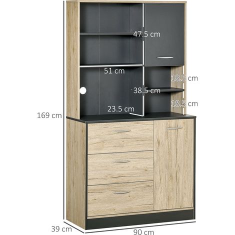 Meuble de cuisine moderne et peu encombrant (avec 2 placards, 3 tiroirs et 3 étagères), en bois, 90 x 39 x 169 cm, en chêne gris clair. (1/5)