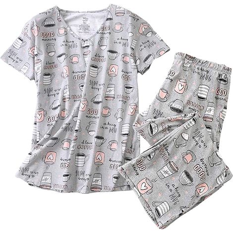Ensemble pyjama femme en coton, haut à manches courtes et pantalon capri, ensemble de détente 2 pièces (1/5)