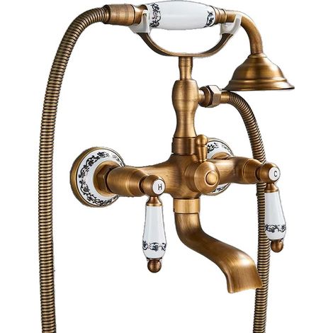 Robinet de douche et de baignoire, à double poignée, monté au mur, laiton antique B (1/2)