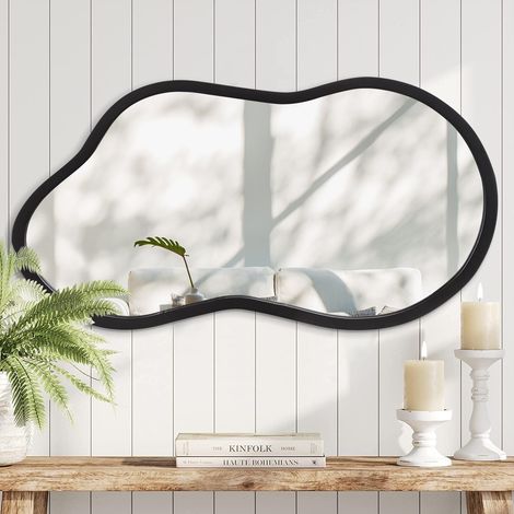 Miroir Noir avec Cadre en Bois Miroir Mural irrégulier Moderne Miroir Suspendu asymétrique pour Salle de Bain Chambre Salon entrée (1/5)
