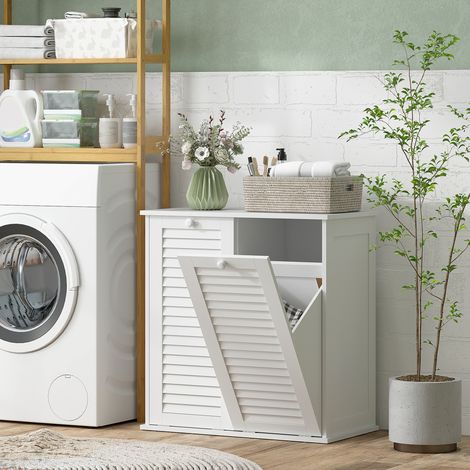 Mueble de baño 70x38x73 cm con dos cestos para ropa, tiradores, puertas de lamas color blanco (1/5)