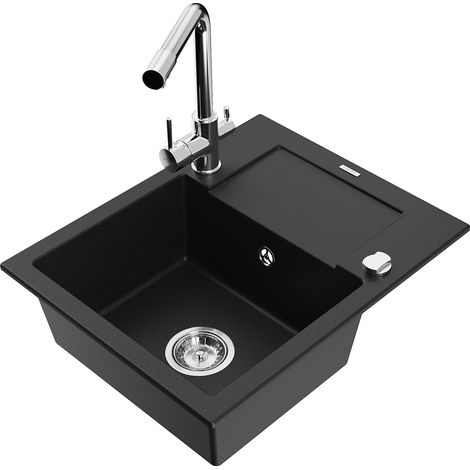 Mexen Enzo 1 Becken-Granitspüle mit Abtropffläche und Mischbatterie Duero, Schwarz - 6506-77-671600- (1/5)