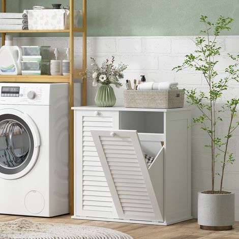 Meuble vasque salle de bain avec bac à linge intégré, armoire en bois à portes persiennées, 2 corbeilles, dimensions 70 x 38 x 73 cm, finition blanche (1/5)