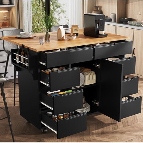 MEUBLIV isla de cocina 122 x 74,5 x 91,5 cm negra - 8 cajones y tablero abatible (1/5)