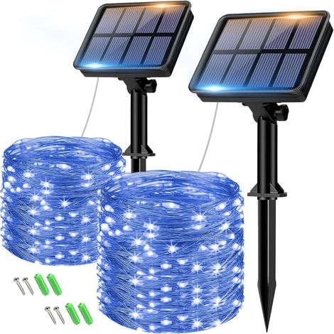 Lot de 2 Guirlande Solaire Exterieur, Totale 16m 160LED Lumineuse Étanche, 8 Modes Décoration pour Jardin Terrasse Cour Noël Mariage Fête, Blanc Chaud (1/5)