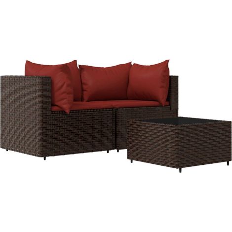 Set muebles de jardín 3 piezas y cojines ratán sintético marrón vidaXL (1/6)