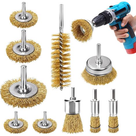 10 Pièces Brosse Metallique pour Perceuse, Brosse Laiton pour Perceuse Queue de 6mm pour éliminer la Rouille, Décaper la Peinture, Nettoyer le Métal et le Bois (Or) (1/5)
