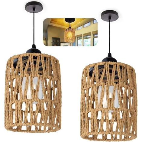 Abat-jour en rotin en deux parties, style bohème, douille E12/E14, petite suspension en rotin, abat-jour de rechange, accessoire, lampe de table, suspension (1/5)