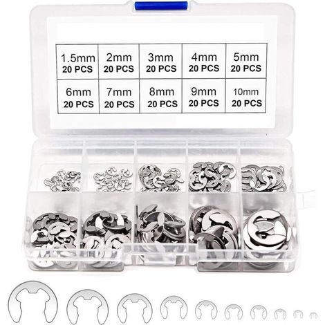 200-teiliges E-Clip-Set aus Edelstahl – Innen- und Außensicherungsringe – Korrosionsbeständig – Größen M1,5 bis M10 (1/5)