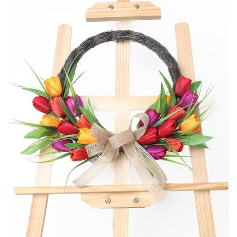 Couronne artificielle de 40 cm - murs ou cheminées (couronnes en plastique orange - rouge et violette - design 3D - feuilles vertes réalistes (1/5)