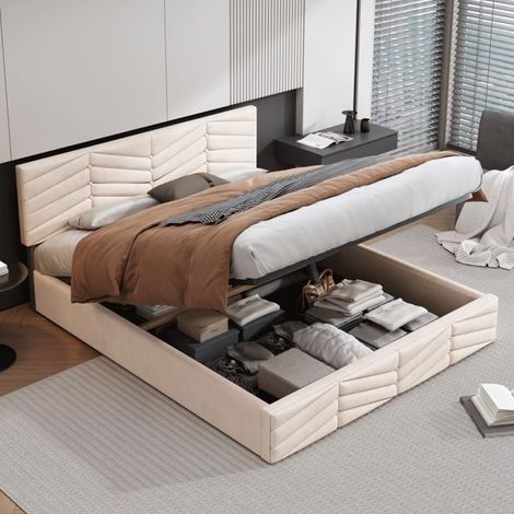 Lit double - GUTENT - 140x200cm - Beige - Tête de lit réglable - Structure en métal (1/5)