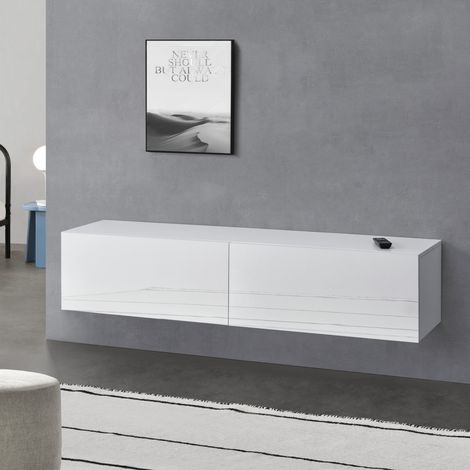 Mobile Pensile Porta TV Evaton da Parete 140 x 33 x 30 cm - Bianco Lucido [en.casa] (1/5)