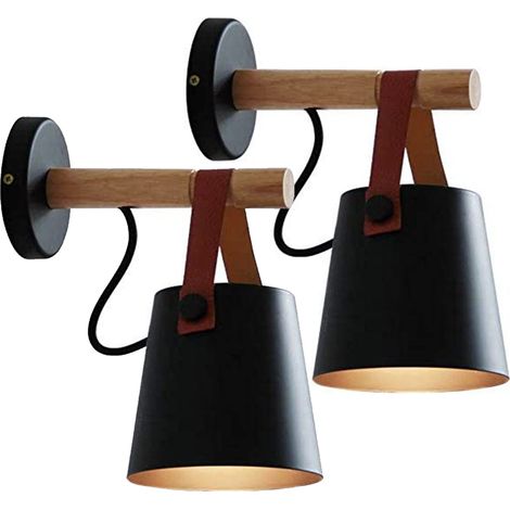 2PCS Lampe Murale Moderne Applique Murale D'Intérieur En Métal Applique Murale Rétro En Bois, Pour Chambre À Coucher, Bar, Restaurant, Noir E27