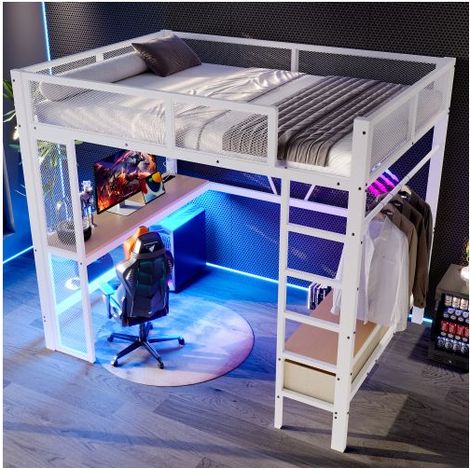 Lit Mezzanine 140x200cm avec Bureau, LED, USB et Armoire - Lit double - Lit Gamer Métal Blanc avec 3 Tiroirs, Gain de Place (1/5)