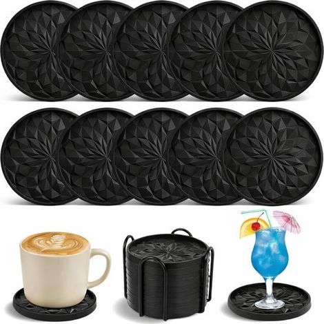 Silikonuntersetzer, 10er-Set für Gläser und Tassen, extra dicke, rutschfeste Untersetzer mit Halter, schwarz (1/5)