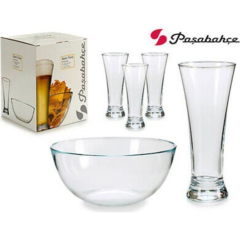Servizio Set 5 Pezzi Ciotola Vetro 22 Cm + 4 Bicchieri Birra Pub Aperitivo Bar