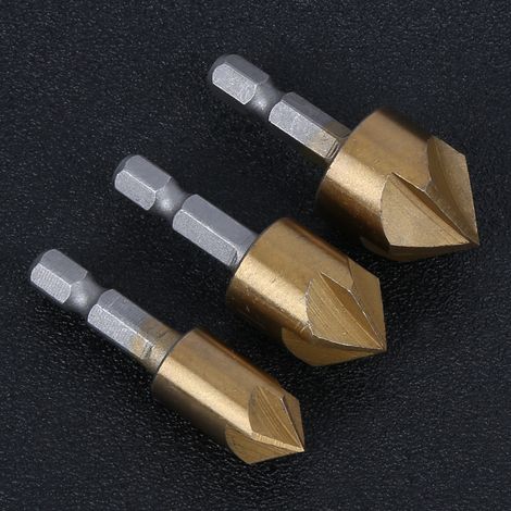Jeu de 3 fraises à chanfreiner pour le travail du bois, HSS doré, barre hexagonale, 5 dents, 90°, 12-19 mm (1/5)