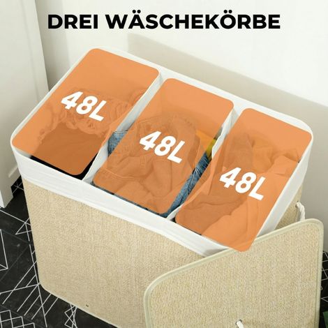 meuble de rangement salle de bain, panier à linge bambou 144 L 3 cases, poignées cordes sac de linge amovible (1/5)