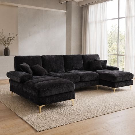 Divano a U 272/136/88 cm in ciniglia nera con due chaise longue e piedini in metallo dorato (1/5)