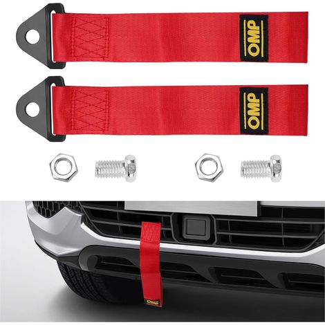 Lot de 2 boucles de remorquage pour pare-chocs de voiture, corde de remorquage en nylon résistance, corde de remorquage résistance, pour pare-chocs avant de véhicule, rouge (1/5)