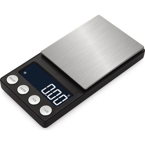 Balanza electrónica de bolsillo de 0,01 g a 500 g con plataforma de acero inoxidable, escala LCD con letras - 7 unidades para joyería, polvos y cocina. (1/5)