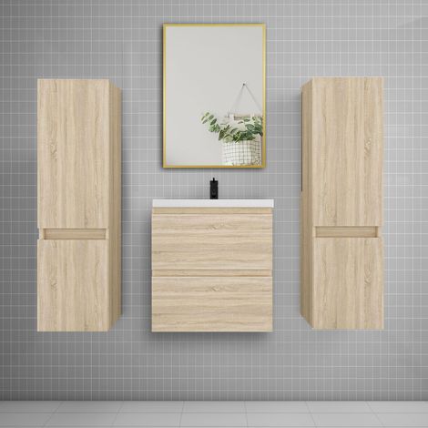 Ensemble meuble de salle de bains 50cm vasque + colonne + miroir,chêne (1/5)