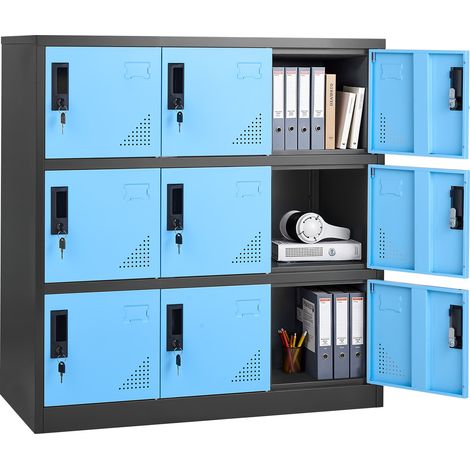 VEVOR Taquillas Metálicas de 9 Puertas 90 x 45 x 94 cm, Armario Metálico con Cerradura, Capacidad de Carga de 29,9 kg, Ranuras de Ventilación, Taquilla Vestuario para Oficina Gimnasio, Azul y Negro (1/5)