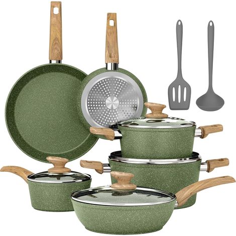 12-Piece Induction Frying Pan and Saucepan Set, Green with Lids, Non-Stick Coating (1/5)