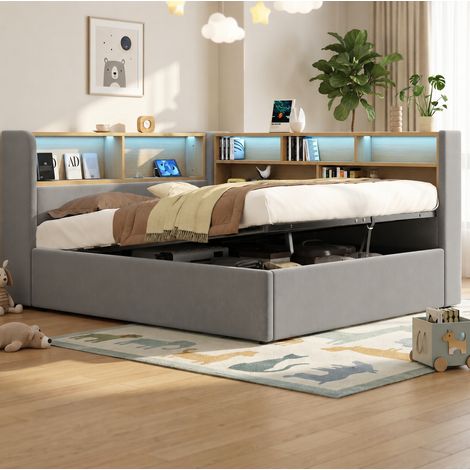 Cama tapizada con almacenamiento 214.5x160x90 cm, sistema hidráulico, LED, USB y Type-C, terciopelo gris (1/5)